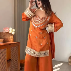 Women's Embroidered Chinon Suit Set With Dupatta