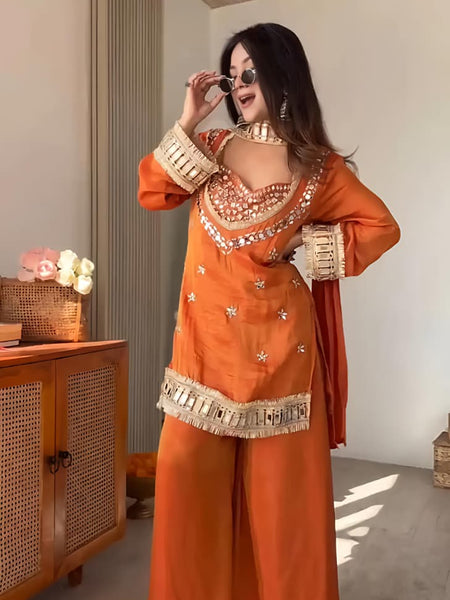 Women's Embroidered Chinon Suit Set With Dupatta