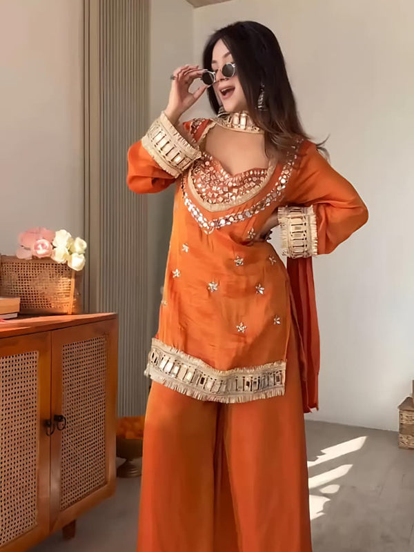 Women's Embroidered Chinon Suit Set With Dupatta