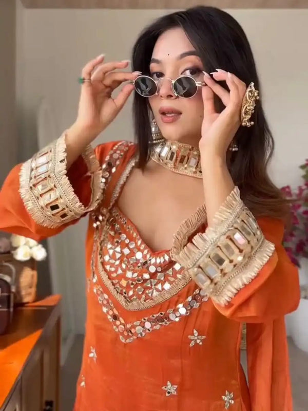 Women's Embroidered Chinon Suit Set With Dupatta