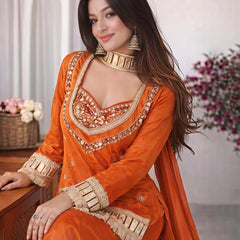 Women's Embroidered Chinon Suit Set With Dupatta