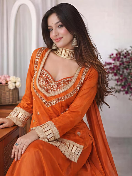 Women's Embroidered Chinon Suit Set With Dupatta