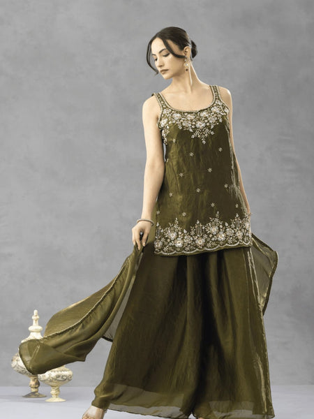 Women's Embroidered Satin Kurta With Embroidered Pant & Dupatta Set