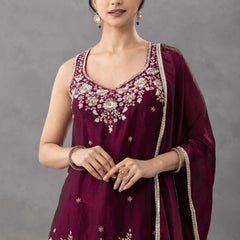 Women's Embroidered Satin Kurta With Embroidered Pant & Dupatta Set