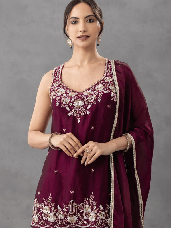 Women's Embroidered Satin Kurta With Embroidered Pant & Dupatta Set