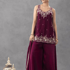 Women's Embroidered Satin Kurta With Embroidered Pant & Dupatta Set