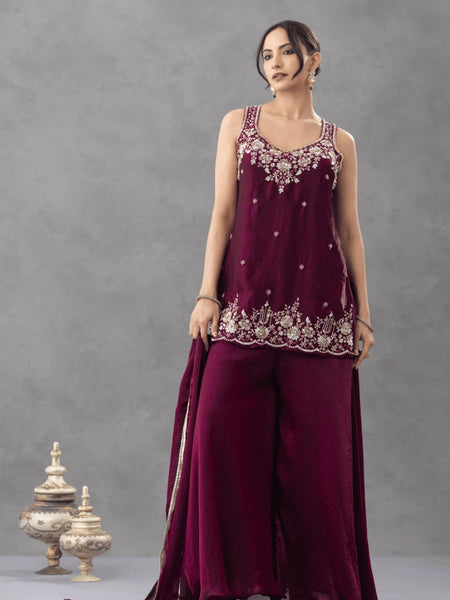 Women's Embroidered Satin Kurta With Embroidered Pant & Dupatta Set