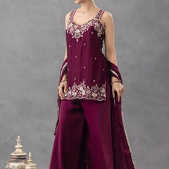 Women's Embroidered Satin Kurta With Embroidered Pant & Dupatta Set