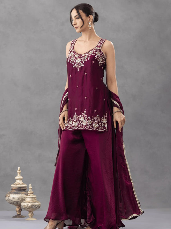 Women's Embroidered Satin Kurta With Embroidered Pant & Dupatta Set