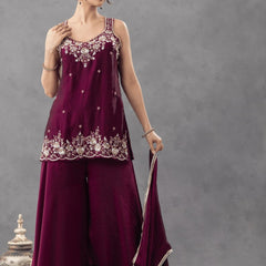 Women's Embroidered Satin Kurta With Embroidered Pant & Dupatta Set