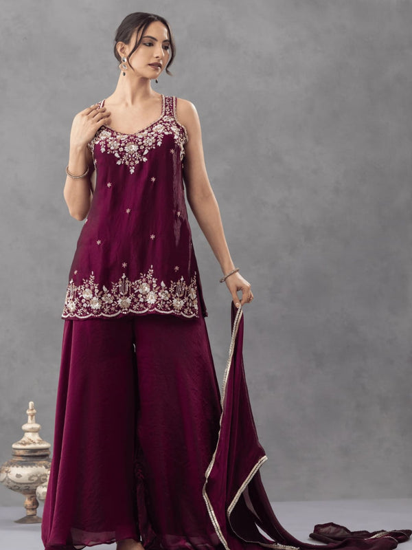 Women's Embroidered Satin Kurta With Embroidered Pant & Dupatta Set