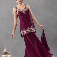 Women's Embroidered Satin Kurta With Embroidered Pant & Dupatta Set