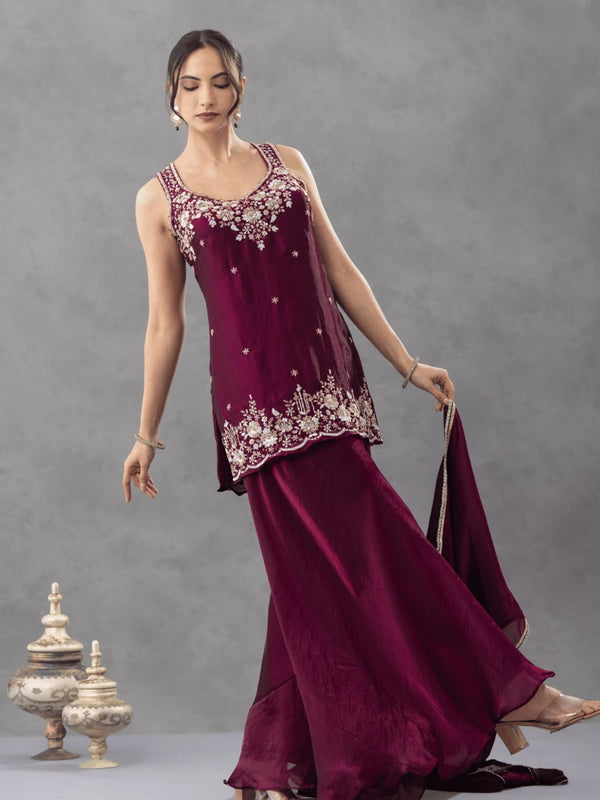 Women's Embroidered Satin Kurta With Embroidered Pant & Dupatta Set