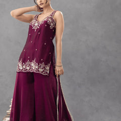 Women's Embroidered Satin Kurta With Embroidered Pant & Dupatta Set
