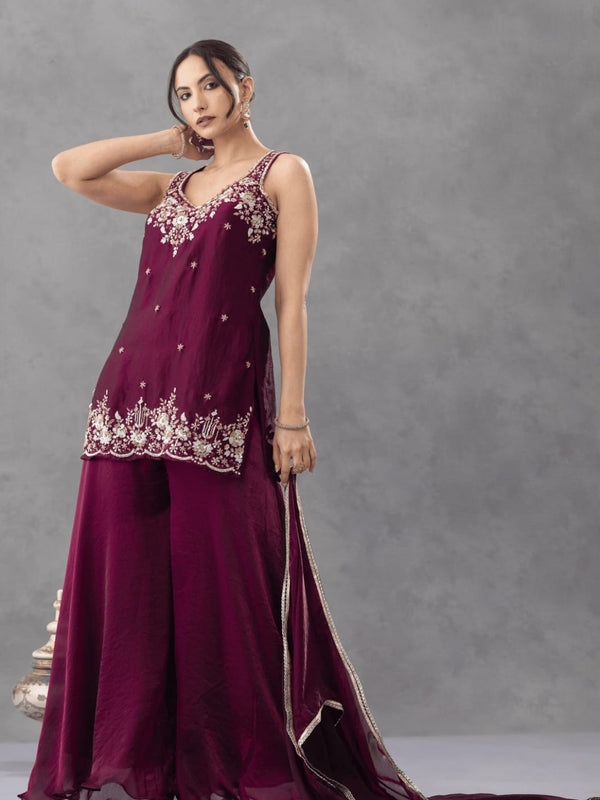 Women's Embroidered Satin Kurta With Embroidered Pant & Dupatta Set
