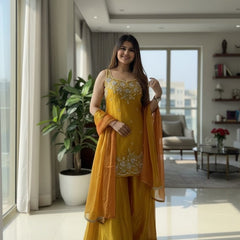 Women's Embroidered Satin Kurta With Embroidered Pant & Dupatta Set