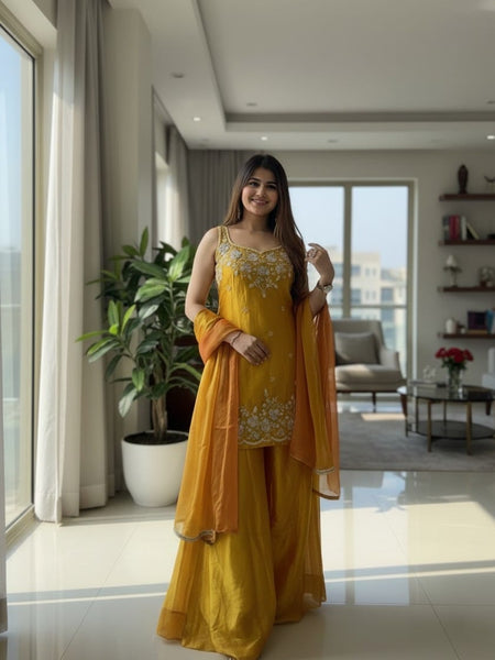 Women's Embroidered Satin Kurta With Embroidered Pant & Dupatta Set