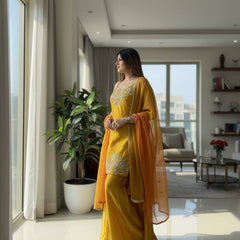 Women's Embroidered Satin Kurta With Embroidered Pant & Dupatta Set