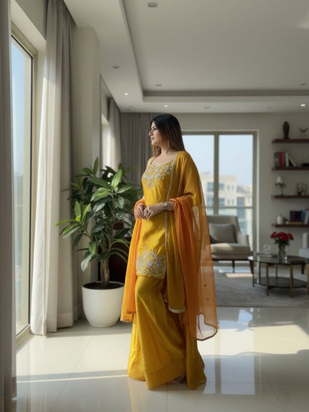Women's Embroidered Satin Kurta With Embroidered Pant & Dupatta Set