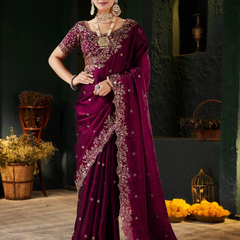 Women's Traditional Party Wear Silk Saree with Embroidered Blouse & Hand Work Lace Border