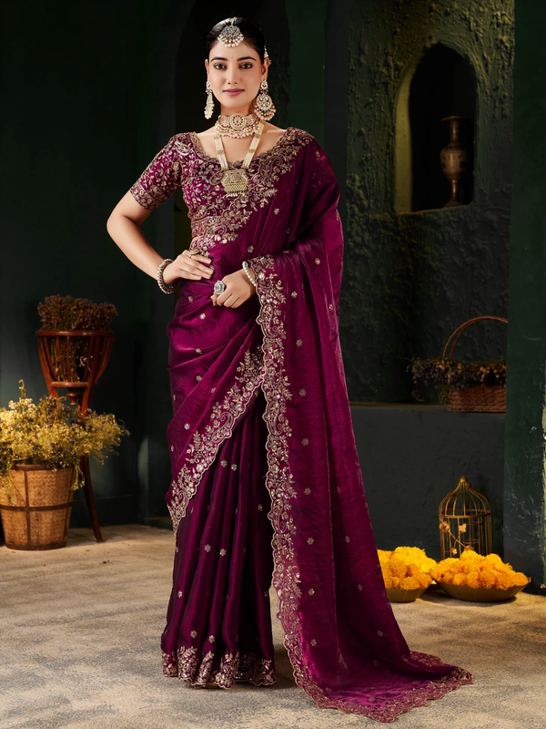 Women's Traditional Party Wear Silk Saree with Embroidered Blouse & Hand Work Lace Border