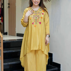 Women's French Crepe Embroidered Kurta Palazzo Set