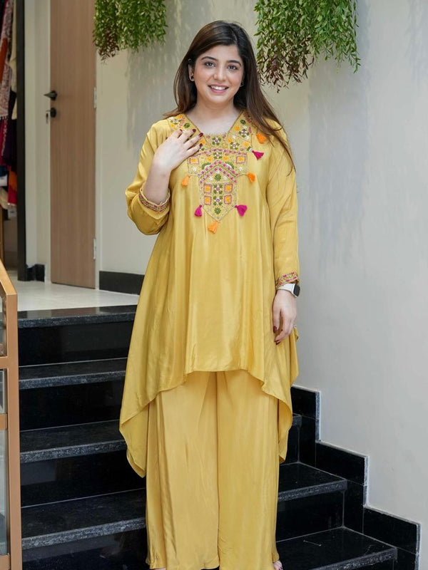 Women's French Crepe Embroidered Kurta Palazzo Set