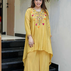Women's French Crepe Embroidered Kurta Palazzo Set