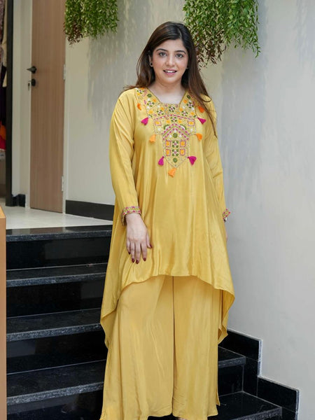 Women's French Crepe Embroidered Kurta Palazzo Set