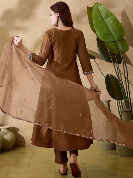 Women's Vichitra Silk Embroidered Kurta Pant & Soft Organza Dupatta Set