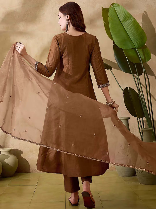 Women's Vichitra Silk Embroidered Kurta Pant & Soft Organza Dupatta Set
