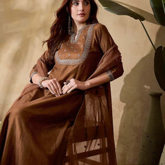 Women's Vichitra Silk Embroidered Kurta Pant & Soft Organza Dupatta Set