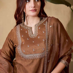 Women's Vichitra Silk Embroidered Kurta Pant & Soft Organza Dupatta Set