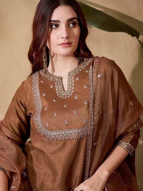 Women's Vichitra Silk Embroidered Kurta Pant & Soft Organza Dupatta Set