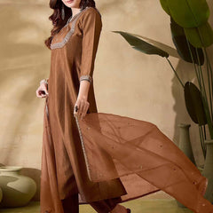 Women's Vichitra Silk Embroidered Kurta Pant & Soft Organza Dupatta Set
