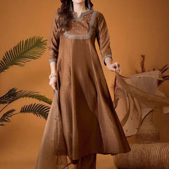 Women's Vichitra Silk Embroidered Kurta Pant & Soft Organza Dupatta Set