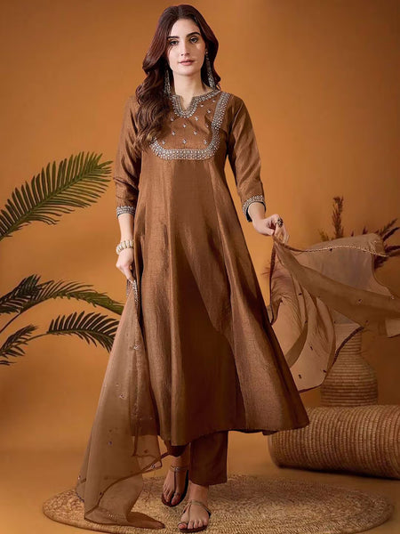 Women's Vichitra Silk Embroidered Kurta Pant & Soft Organza Dupatta Set
