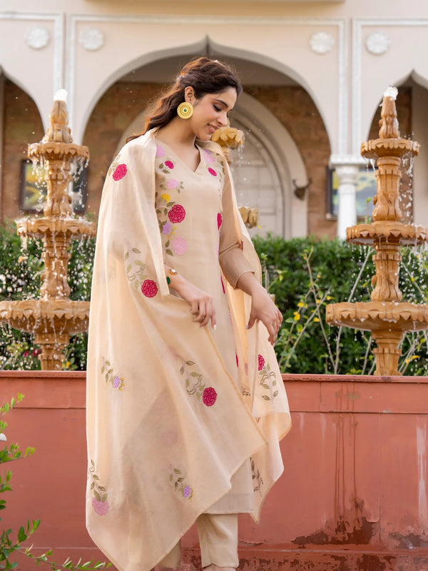 Women’s Chanderi Embroidered Kurta Set With Matching Dupatta