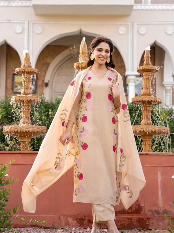 Women’s Chanderi Embroidered Kurta Set With Matching Dupatta