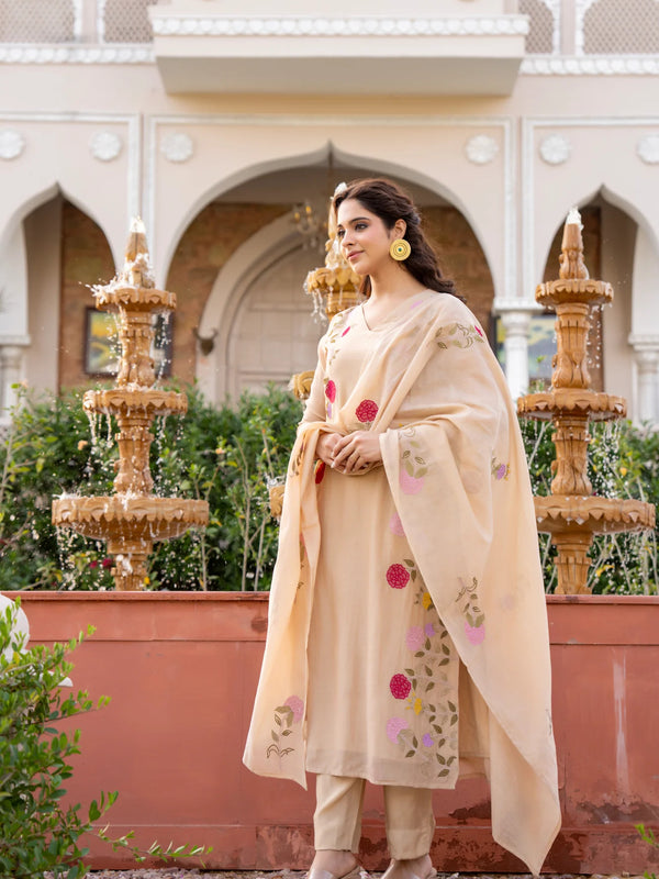 Women’s Chanderi Embroidered Kurta Set With Matching Dupatta
