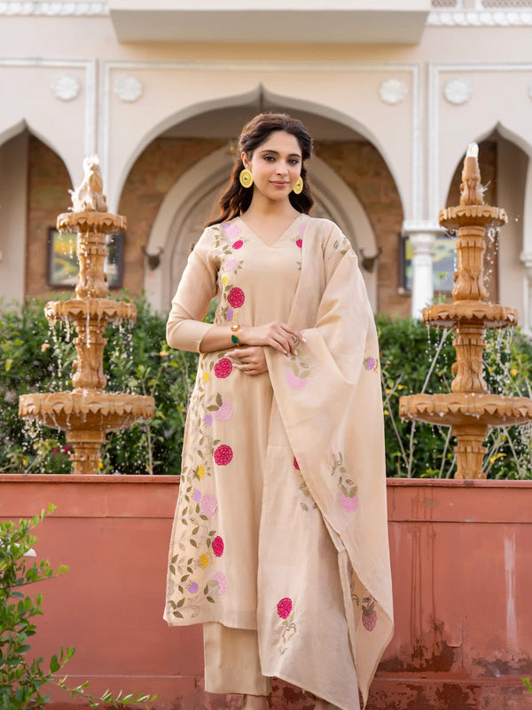 Women’s Chanderi Embroidered Kurta Set With Matching Dupatta
