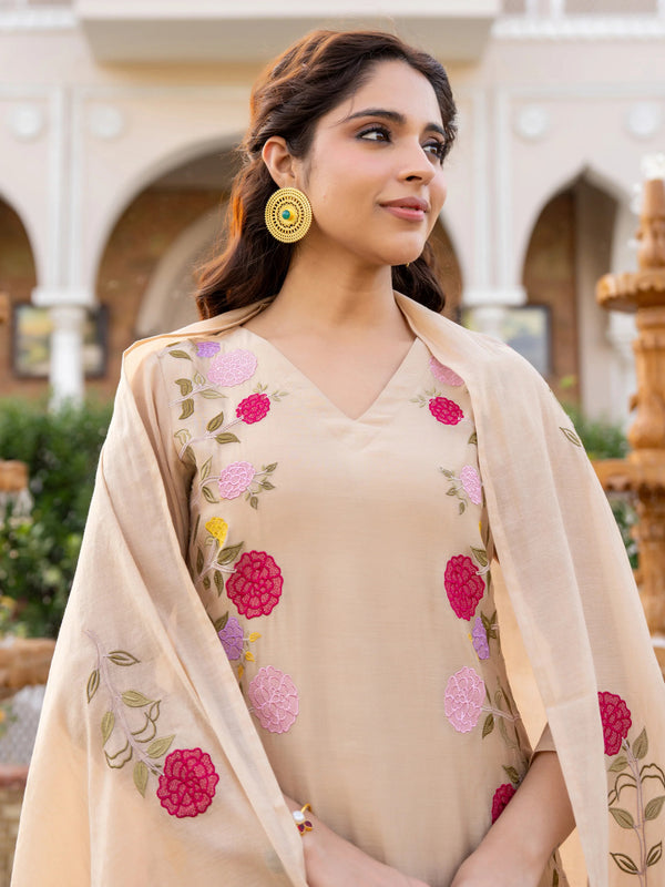 Women’s Chanderi Embroidered Kurta Set With Matching Dupatta