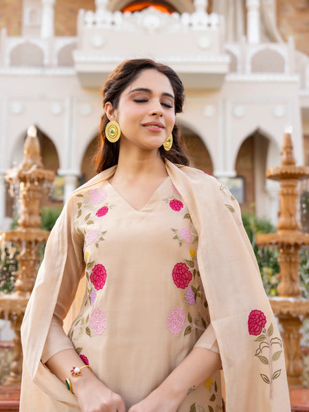 Women’s Chanderi Embroidered Kurta Set With Matching Dupatta