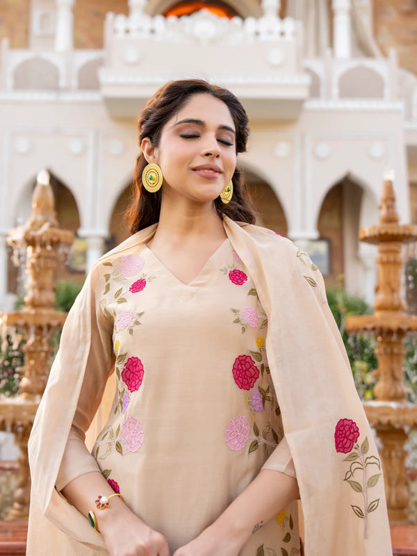 Women’s Chanderi Embroidered Kurta Set With Matching Dupatta