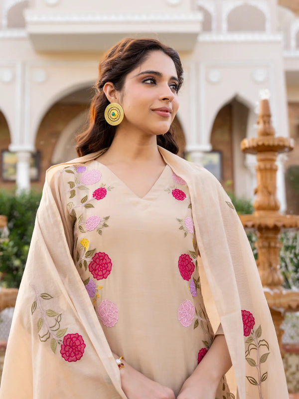 Women’s Chanderi Embroidered Kurta Set With Matching Dupatta
