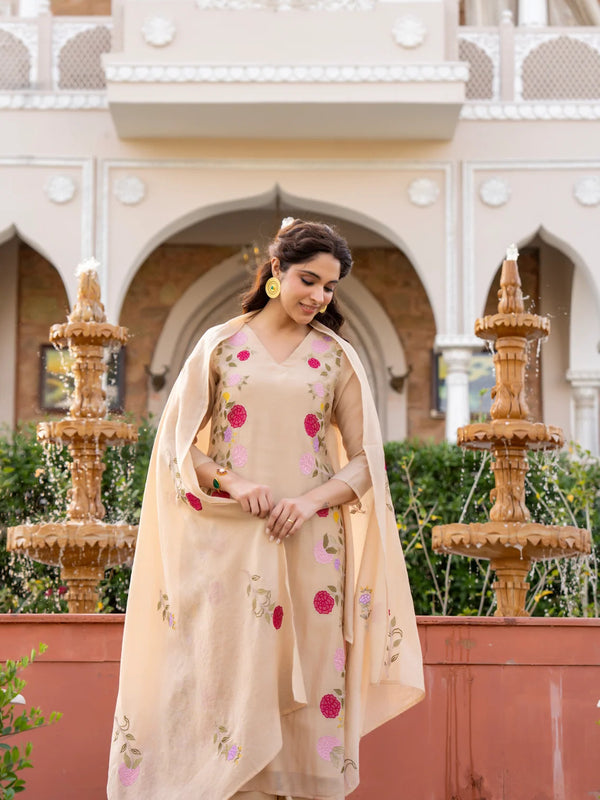 Women’s Chanderi Embroidered Kurta Set With Matching Dupatta