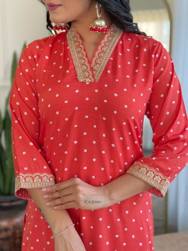 Women's Bandhani Print Embroidered Kurta Pant Set With Muslin Dupatta