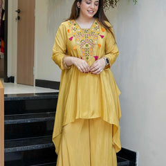 Women's French Crepe Embroidered Kurta Palazzo Set