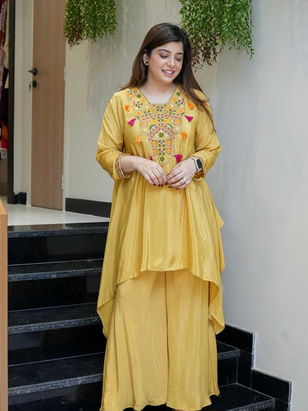Women's French Crepe Embroidered Kurta Palazzo Set