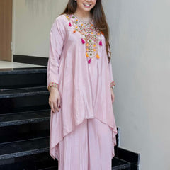 Women's French Crepe Embroidered Kurta Palazzo Set